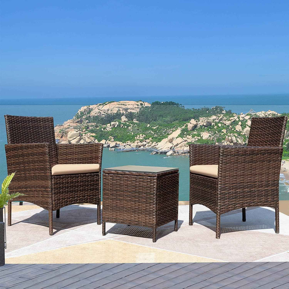 Greesum 3 Pieces Patio Furniture Sets Outdoor PE Rattan Wicker Chairs