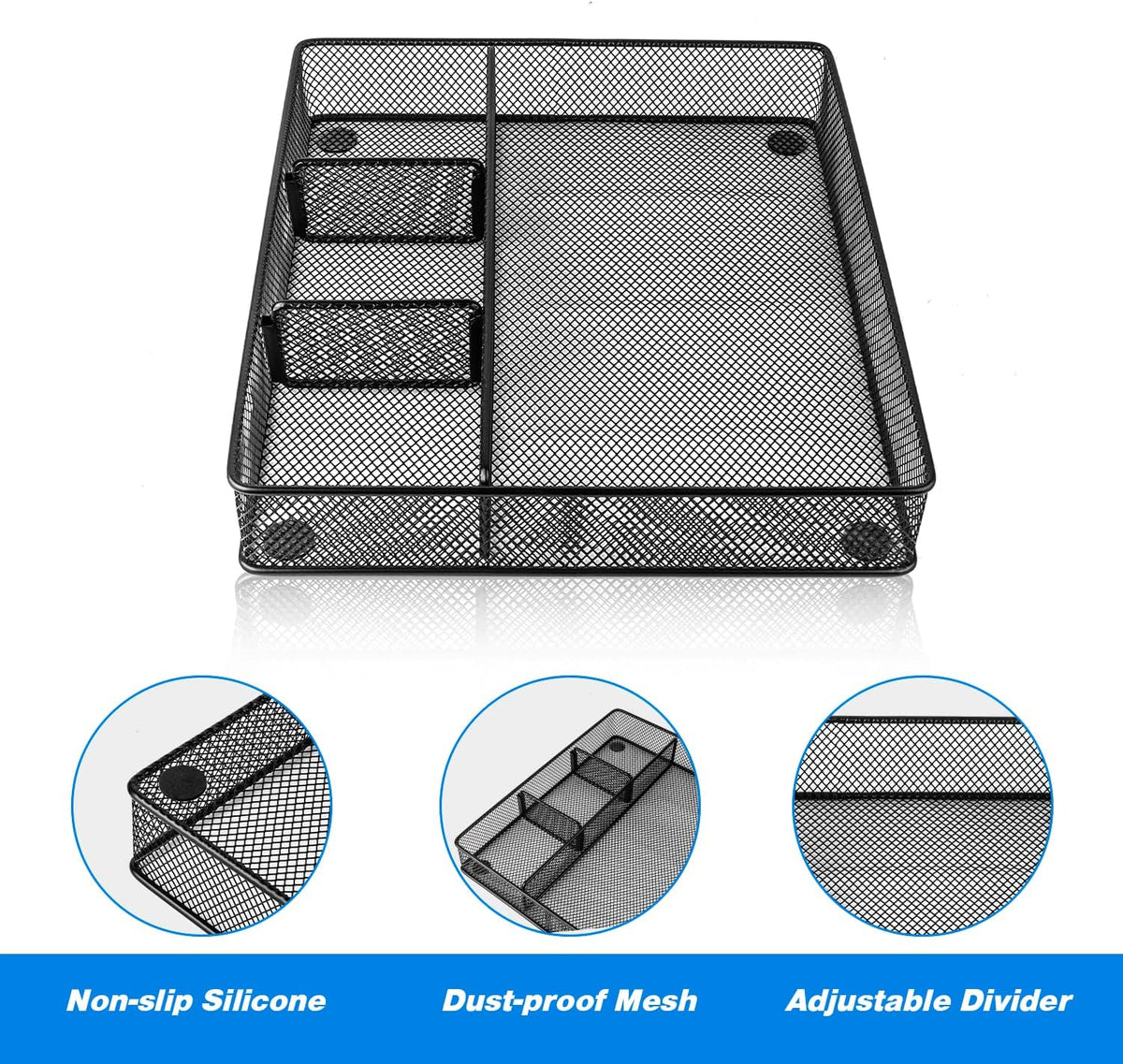VyGrow Desk Drawer Organizer Tray, Metal Mesh Drawer Organizers Office, 4 Grid with Adjustable Compartment, Desk Organizer Tray for Home Office 12x10.6x1.9 inch Black, 2 Pack - Field & Nook