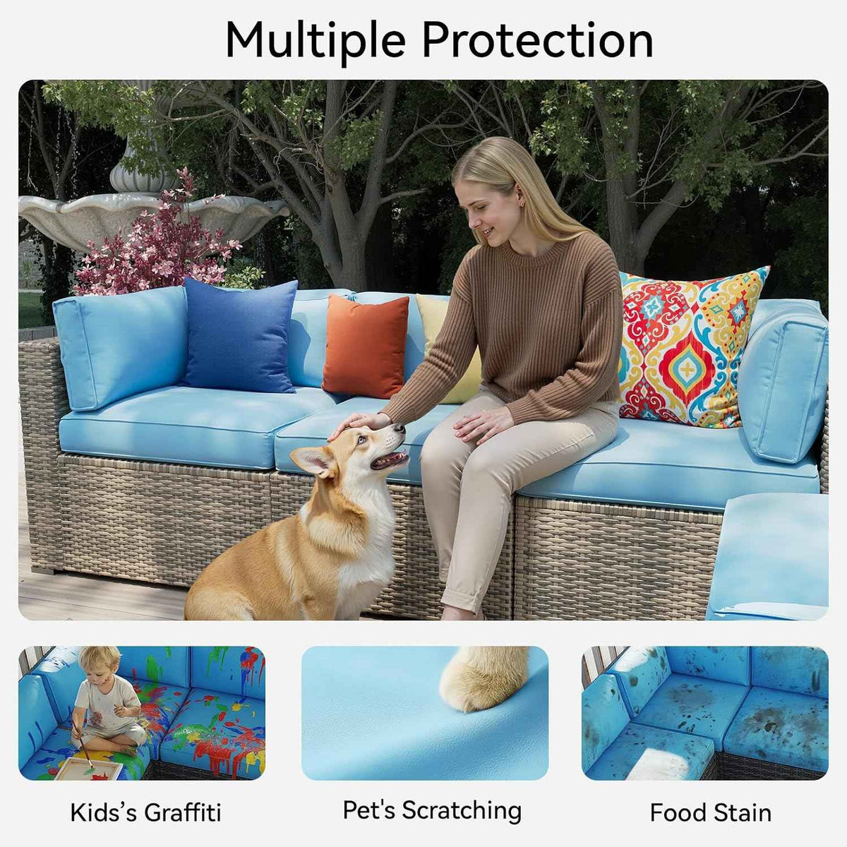 Aoxun 14pcs Patio Cushion Covers Replacement, Waterproof Outdoor Furniture Cushion Covers with Zipper and Non-Slip Bottom, Patio Sofa Couch 3 Sizes for Patio Sectional, Covers Only (Sky Blue)