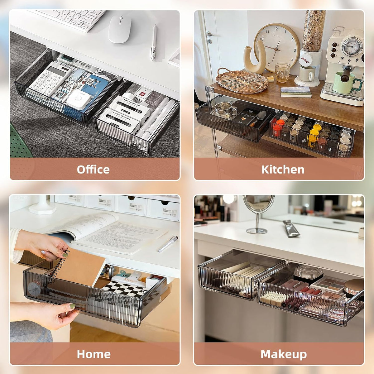 2Pcs Under Desk Storage Drawers Slide Out,Large&Medium, Stick On Desk Drawer Organizer Hidden Under Table Drawer for Home Office School Organization and Storage-Transparent Black - Field & Nook