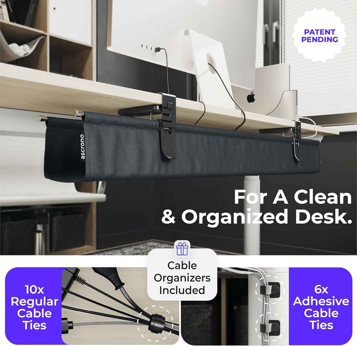 40.6-Inch Heavy-Duty Under-Desk Cable Tray – Clamp-On Fabric Cord Organizer, Black