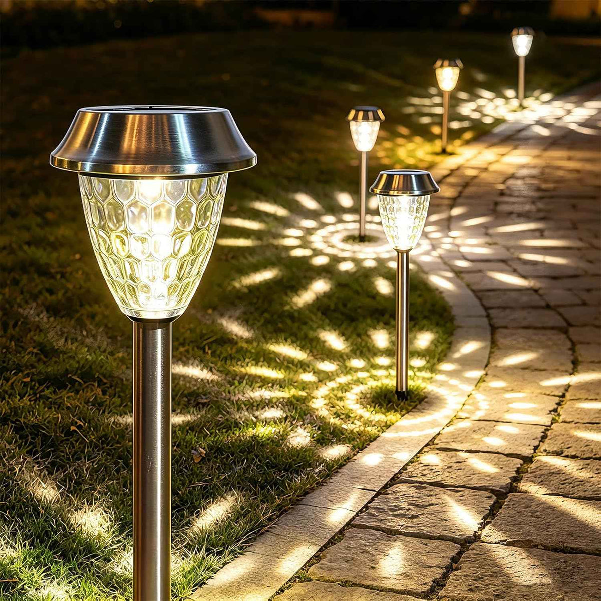 Solar Pathway Lights Outdoor 4 Pack, Glass & Metal Solar Lights with 10 Lumens Brightness, IP65 Waterproof, Warm White & RGB Modes, Decorative Solar Garden Lights for Yard, Walkway, Driveway