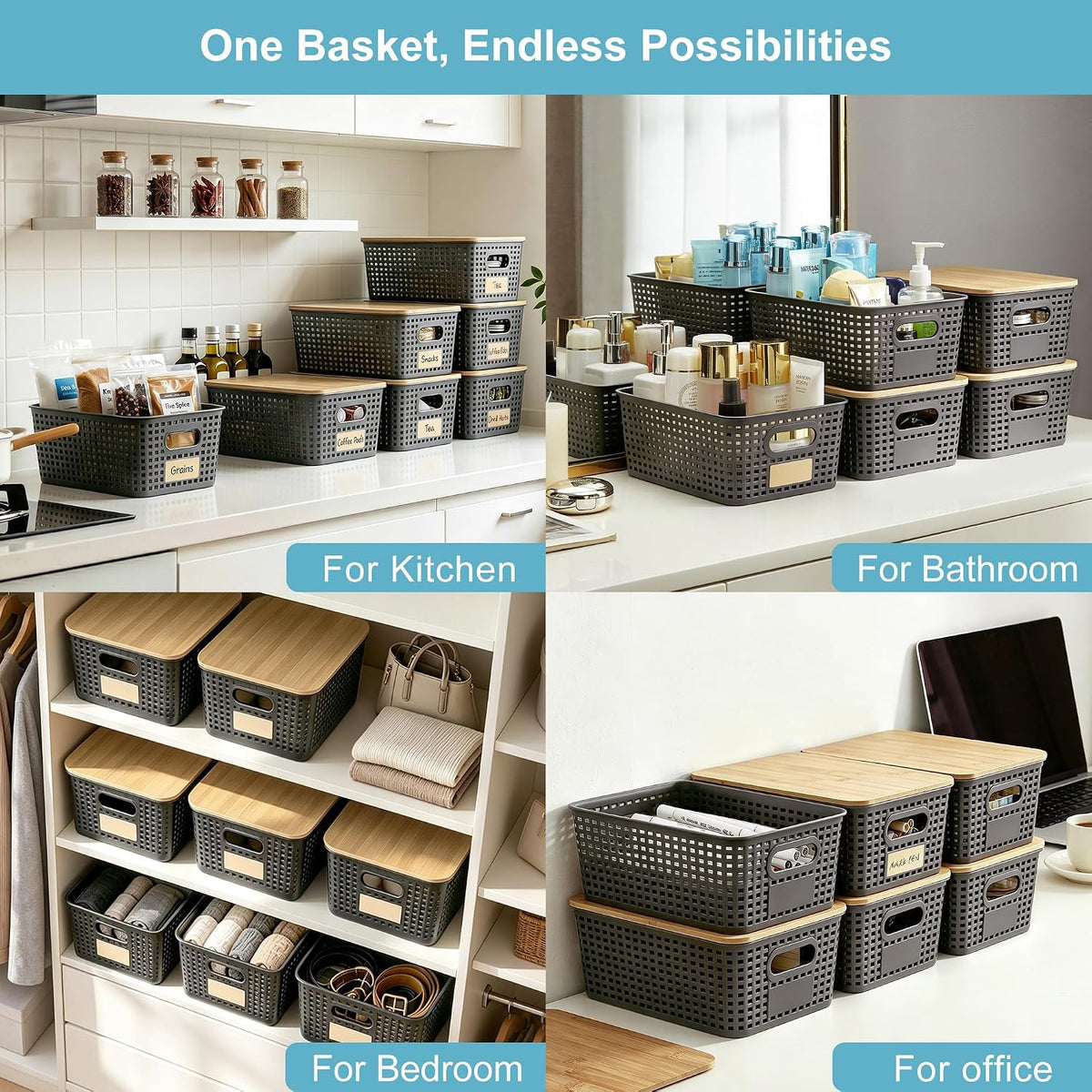 Small Plastic Storage Bins with Bamboo Lids 5.2qt Stackable Box Basket Pantry Decorative Containers Cute with Lable for Organizing Desktop Closet Office Gray of 6 packs 10 * 7.2 * 4.1" - Field & Nook