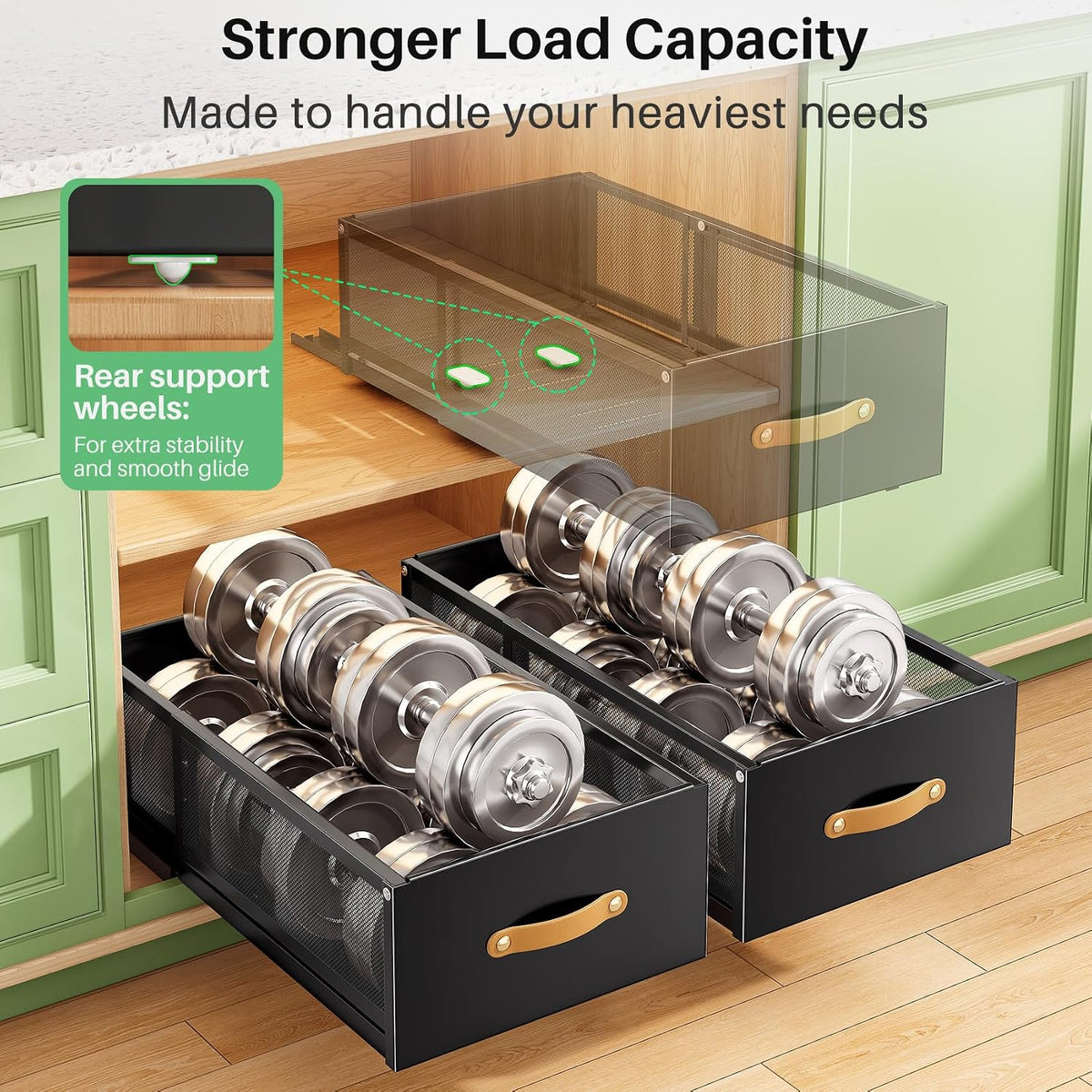 Pull out Cabinet Organizer, 2-Pack Expandable Depth(15.7"-21.7") with Raising Pad for Framed Cabinets, Heavy Duty Slide out Drawers,Roll Out Shelves for Kitchen, Pantry Organizers and Storage(Black) - Field & Nook