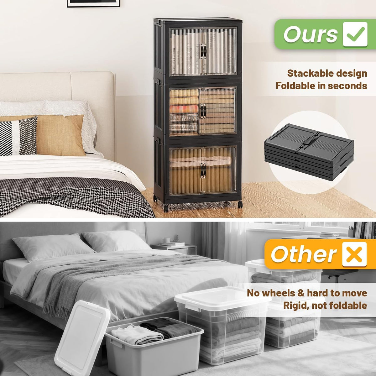 SAILUN 105Qt Stackable Storage Bins,Storage Cabinet with a Lid,3 Pack Black | Stackable Storage Drawers with Lids,18" W x 11" D x 32" H,Featuring open-front Access for Clothes and Closet Storage - Field & Nook