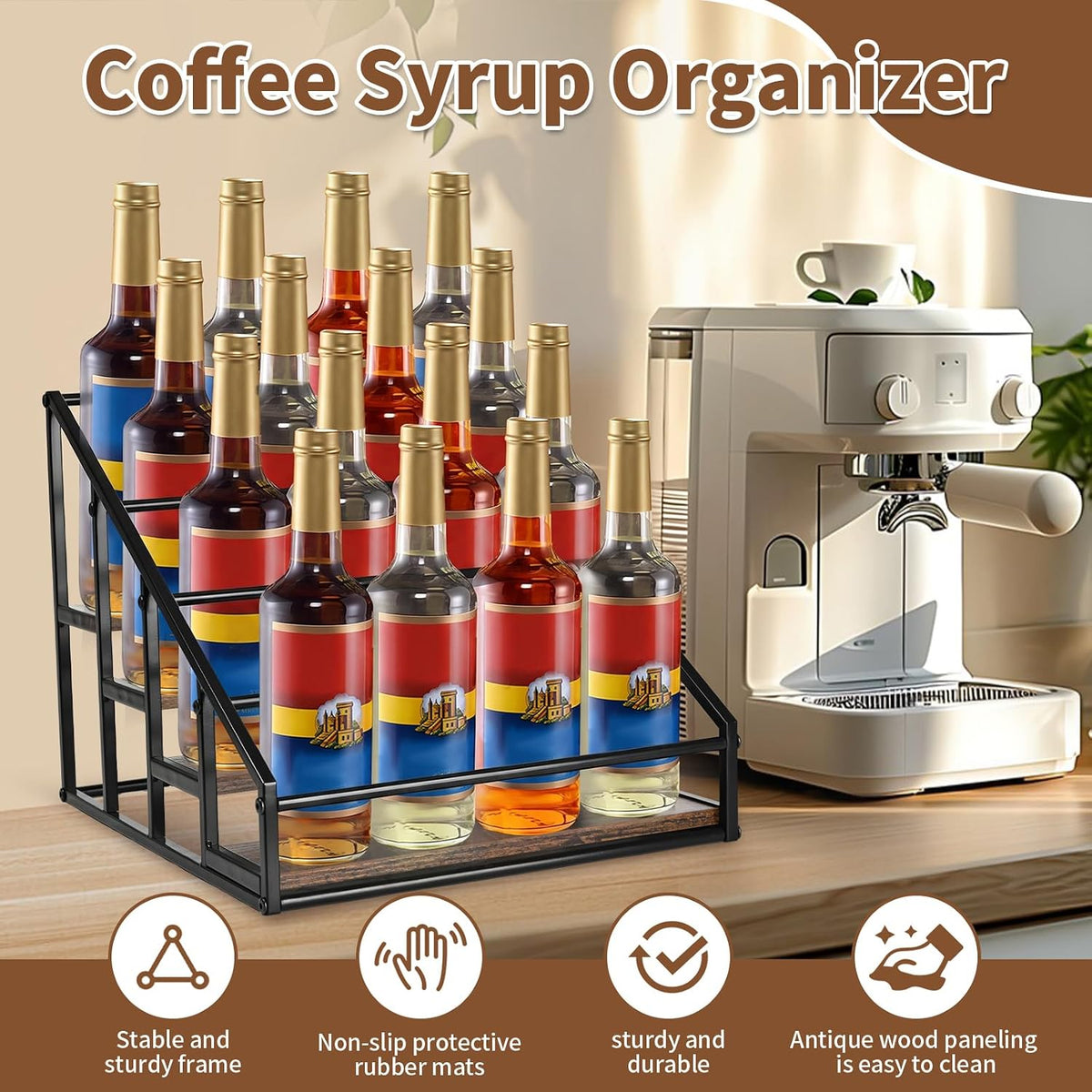 YQBRAO 4-Tier Coffee Syrup Organizer, 16-Bottle Rack, Rustic Brown | Holds up to 16 bottles with stepped visibility; rustic wood and metal design for syrups, kitchens, and home coffee bars. - Field & Nook