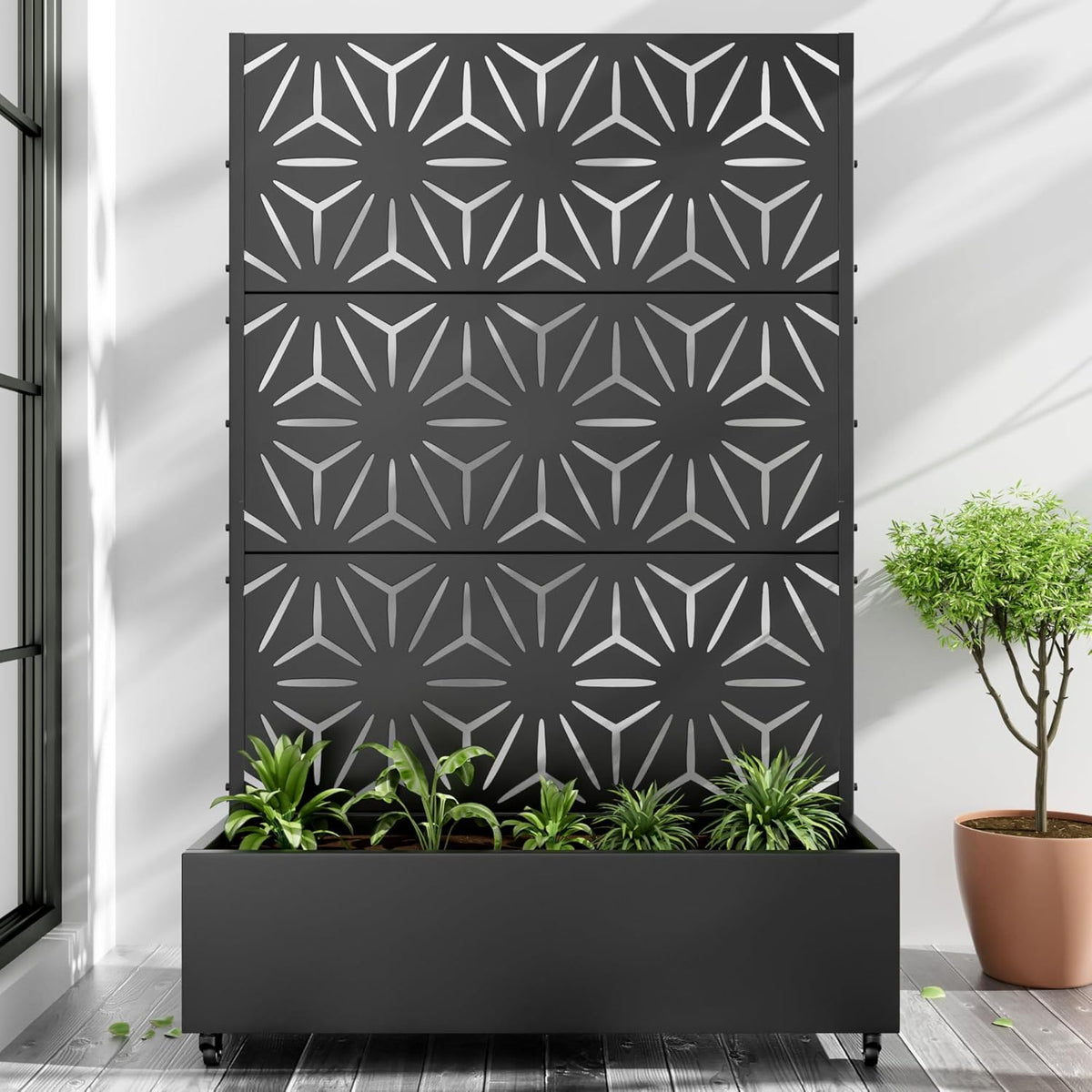 Casaphoria Metal Raised Garden Bed with Trellis and Wheels, 72"x47"x16" Planter Box for Climbing Plants, Vegetables & Vines, Features Drainage Holes and Privacy Screen (Black-Star)