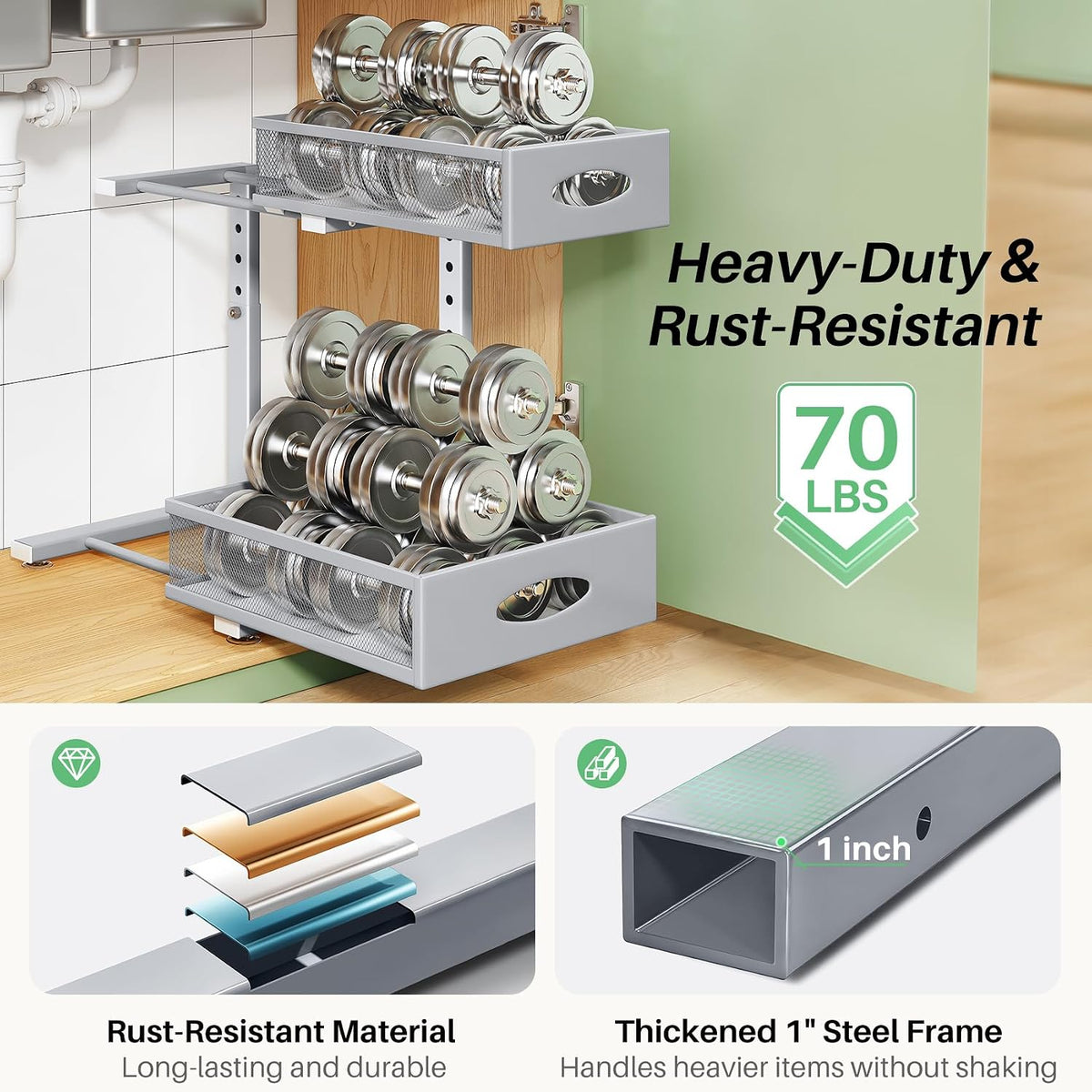 Under Sink Organizer, 2-Pack Pull Out Cabinet Organizer 2 Tier Metal Slide Out Storage Shelf Rack, L-Shaped Adjustable Height,Mesh Sliding Drawer for Kitchen, Bathroom, Laundry, Pantry, Grey, XL - Field & Nook