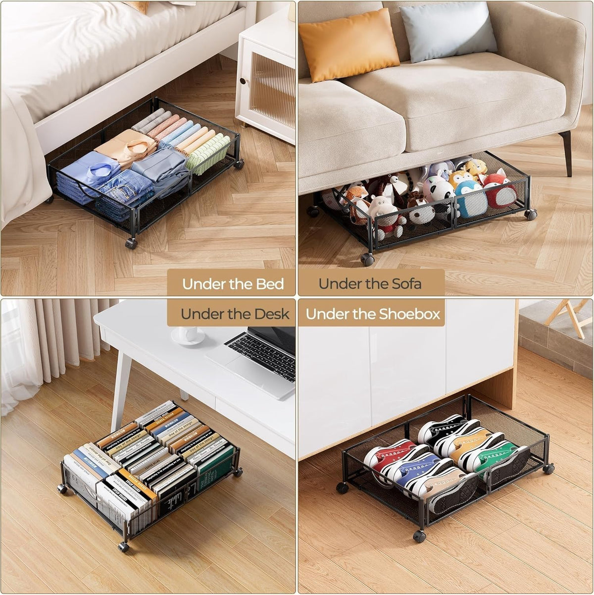 Yecaye Under Bed Storage with Wheels, 2 Pack Under Bed Shoe Storage Organizer Drawer, Tool-free Assembly Metal Underbed Storage Containers for Clothes, Shoes, Toys, Black - Field & Nook