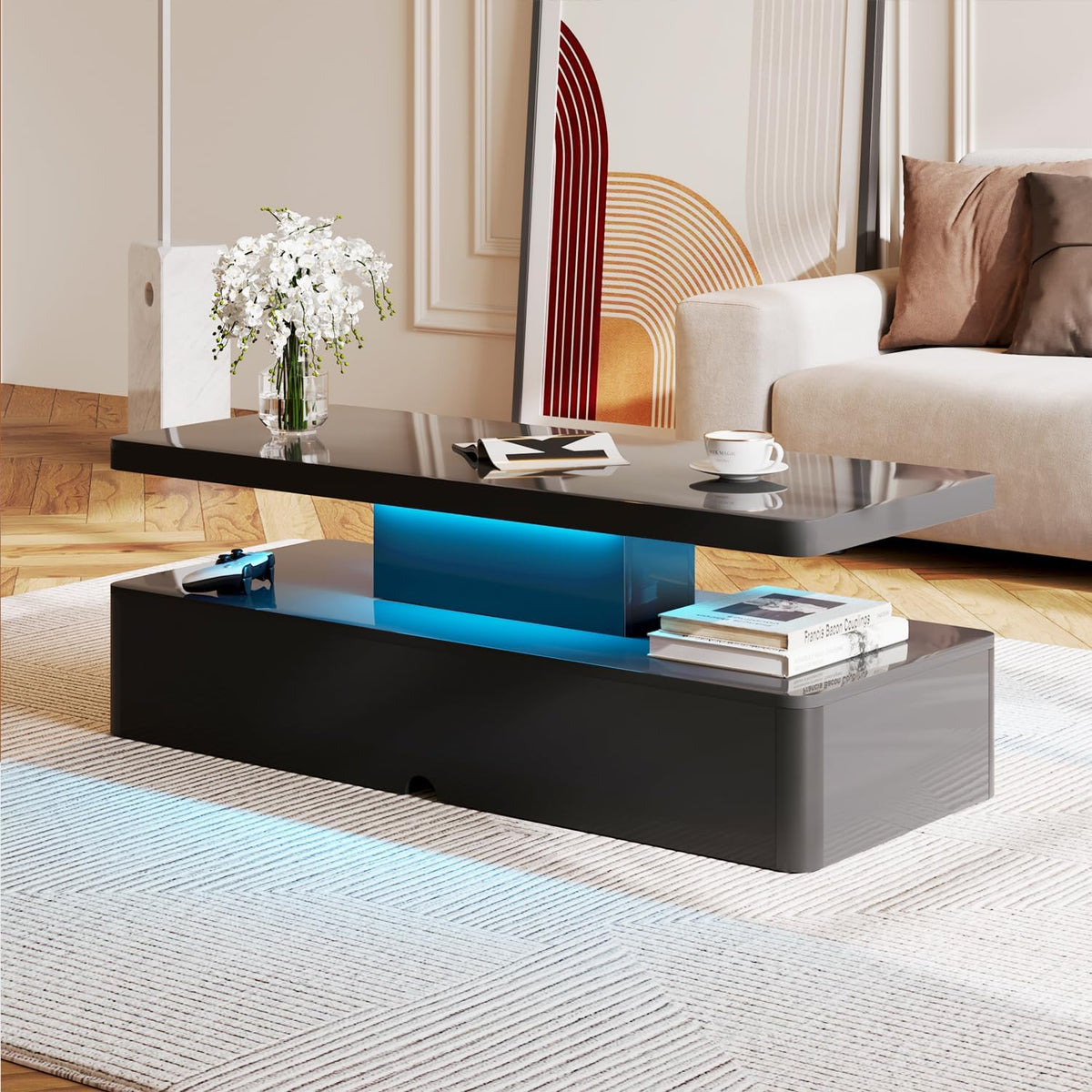 MXV 40" Modern Coffee Table with LED Lights, Black