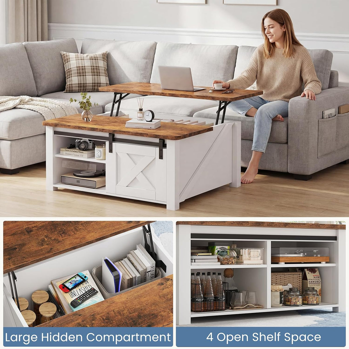 DUMOS Lift Top Coffee Table with Hidden Storage, White