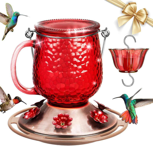 Kingsyard Glass Hummingbird Feeders for Outdoors, 16 Oz Wild Bird Feeder 6 Feeding Ports & Ant Moat Included, Hanging Bird Nectar Feeder Garden Red Décor Gifts for Mom, Red