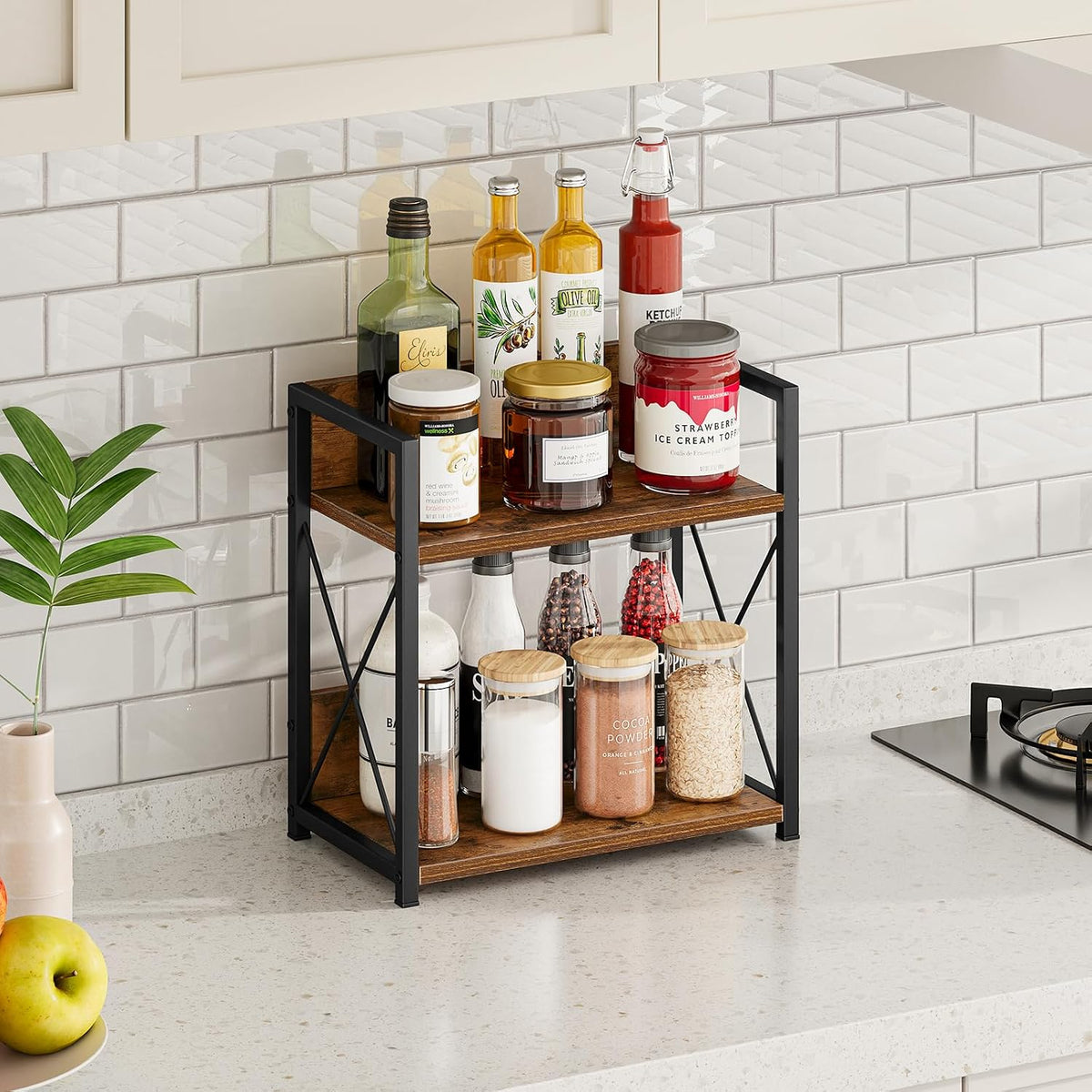 Giikin Kitchen Countertop Organizer, 2 Tier Spice Rack Organizer for Pantry, Kitchen Counter Shelf Wood Coffee Station Organizer (Brown, M) - Field & Nook