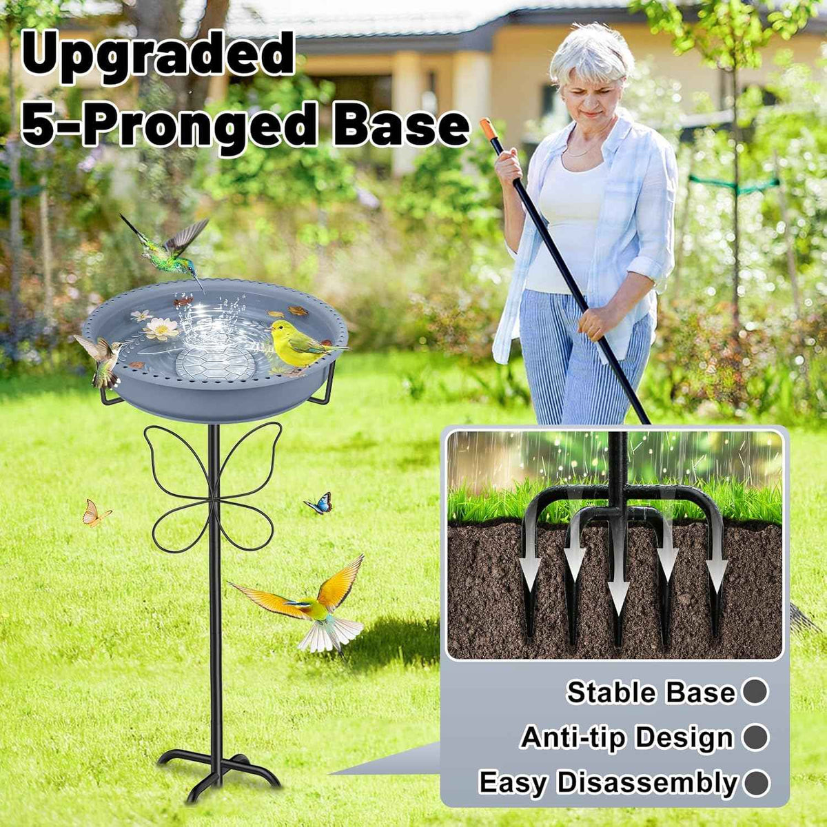 Bird Bath for Outside, Garden Freestanding Birdbath & Birdfeeder with Removable Bowl, Bird Baths Feeder for Outdoors Garden Patio Yard Lawn Decor, 5-Pronged Base & Easy to Clean(Grey)