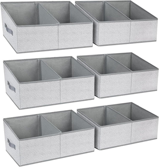 DIMJ Large Closet Shelf Organizer Bins 6 Packs with Handles and Divider, Fabric Trapezoid Storage Baskets, Foldable Clothes Containers Box for Shelf, Towel, Book, Toy, Purse, Hats, Grey - Field & Nook