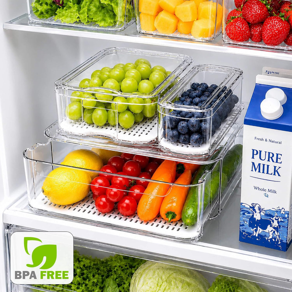 SMRCAD 8 Pack Clear Fridge Organizer Bins with Drain Trays - Stackable | BPA-Free PET, 8 Pack: 1 Drawer + 7 lidded Bins, Helps Keep Produce Fresh, 18.3L Capacity, Hand Wash Only - Field & Nook