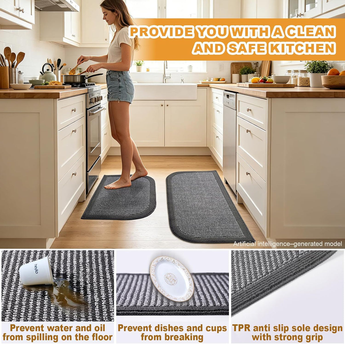 Kitchen Rugs Set of 2, Non Slip Absorbent Washable Floor Mats Kitchen Runner Rugs, Half Moon Standing Runner Rug for Kitchen Sink and Laundry, 20"x32" + 20"x48", Grey