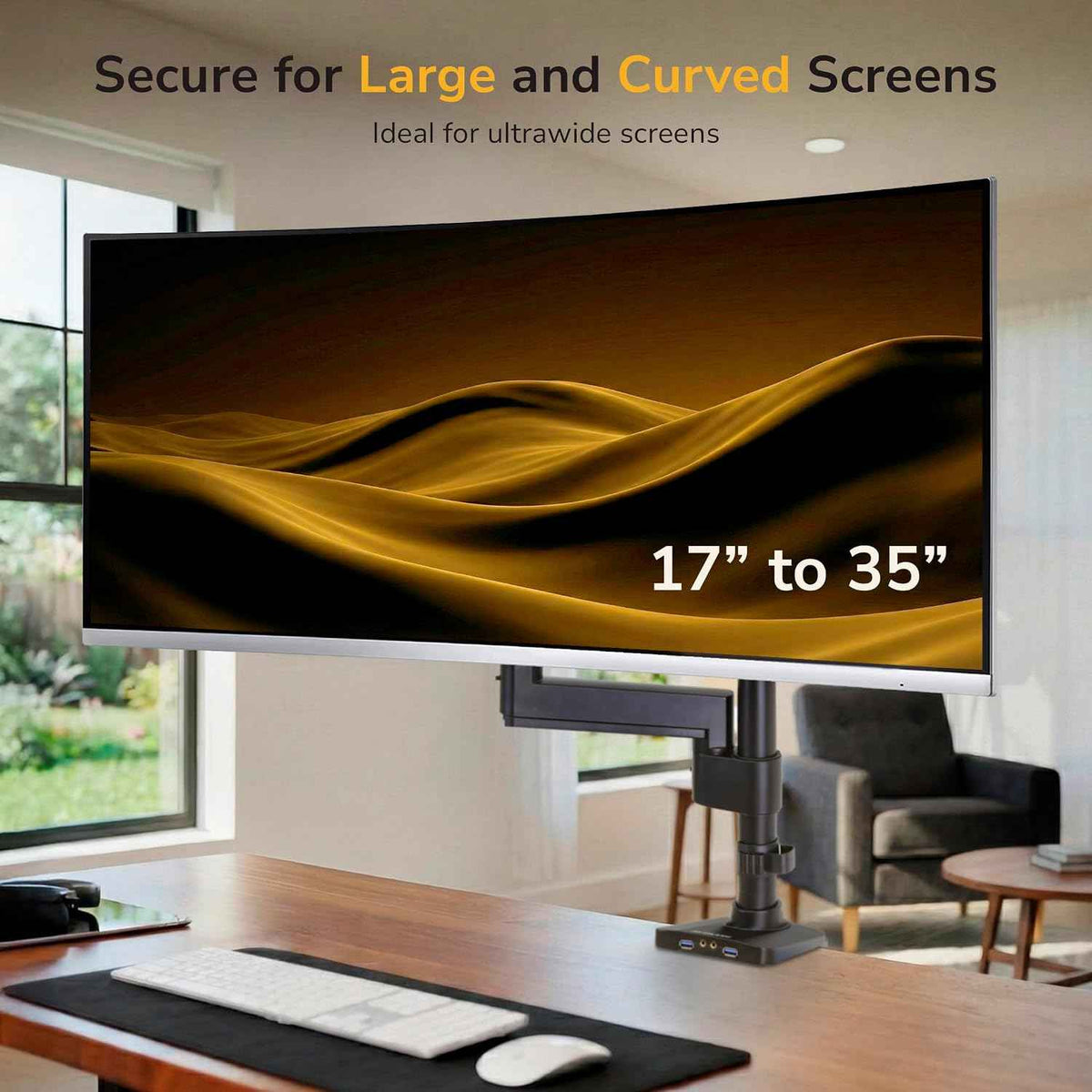 Mount-It! Ultrawide Monitor Arm, Heavy-Duty Gas Spring Desk Mount for 17–35” Curved Screens up to 33 lbs, Full Motion Height Adjustable Monitor Arm with USB 3.0 & Audio Ports, VESA 75/100/200