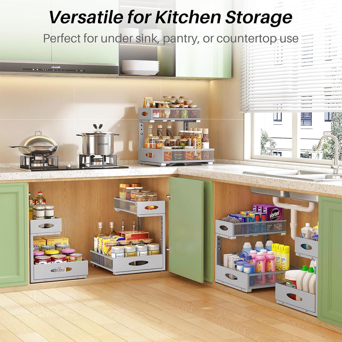 Under Sink Organizer, 2-Pack Pull Out Cabinet Organizer 2 Tier Metal Slide Out Storage Shelf Rack, L-Shaped Adjustable Height,Mesh Sliding Drawer for Kitchen, Bathroom, Laundry, Pantry, Grey, XL - Field & Nook