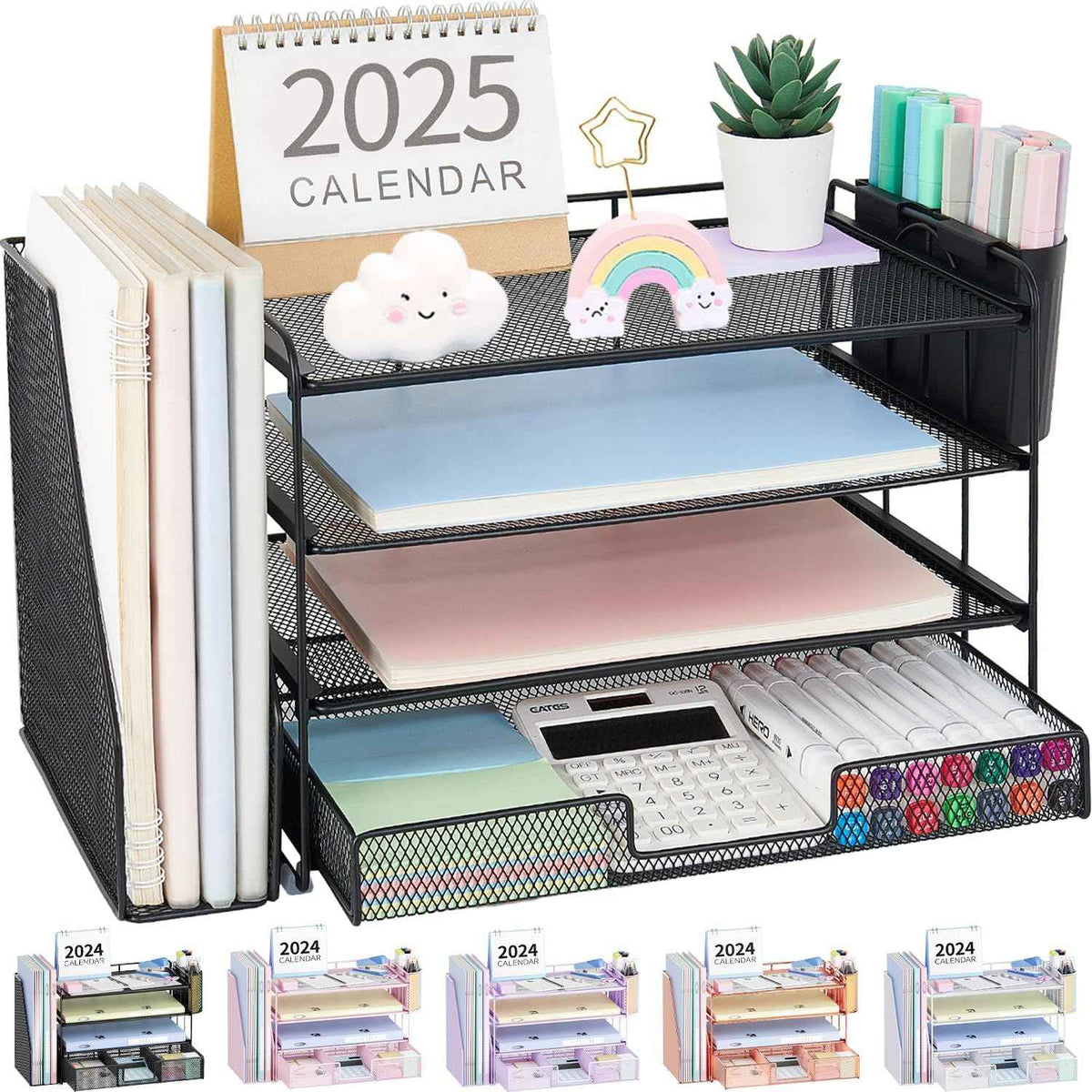 Desk Organizer, 4-Tier Desktop File Organizer with Drawer and Pen Holders, Office Desk Accessories, File Sorters, Workspace Organizers for Office Supplies(Black)