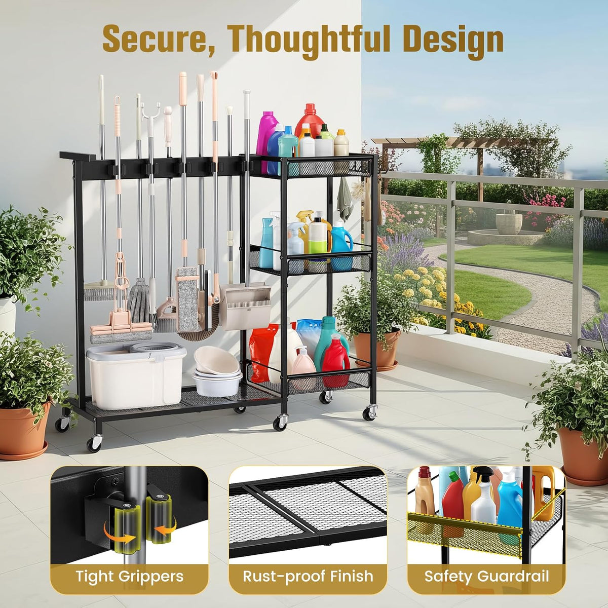 Broom Holder with Cleaning Supplies Organizer – 3-Tier Shelves - Field & Nook