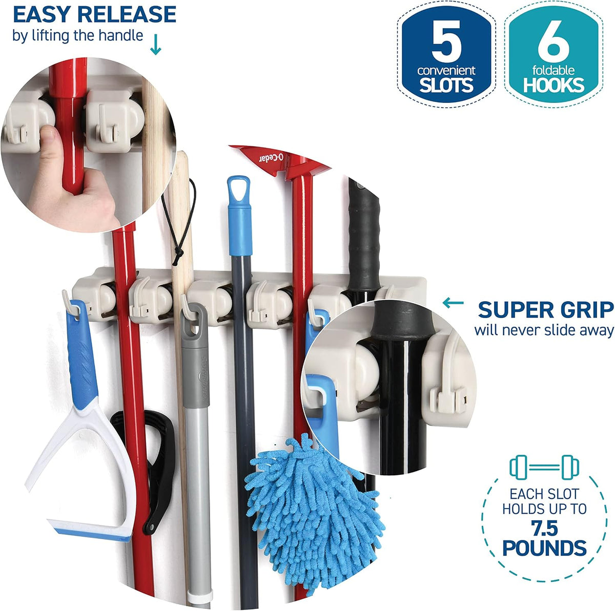 HOME IT Broom and Mop Holder Wall Mount – Heavy Duty Garage Organizer with 5 Slots & 6 Hooks, 7.5lbs Capacity Per Slot - Easy Install Storage Rack for Home, Kitchen, Laundry Room & Garden - Off-White - Field & Nook