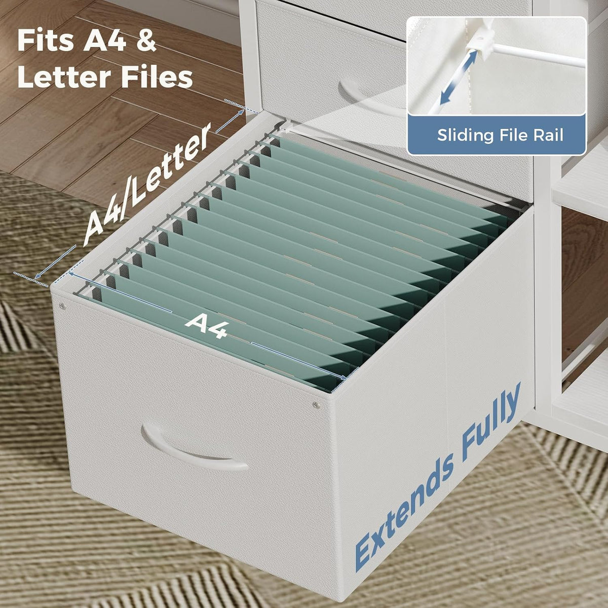DUMOS 3-Tier Mobile File Cabinet, Rolling Printer Stand with Storage | Fabric Lateral Filing Cabinet fits A4/Letter Size, Under Desk Drawer Cabinet, Printer Cart for Home Office, White - Field & Nook
