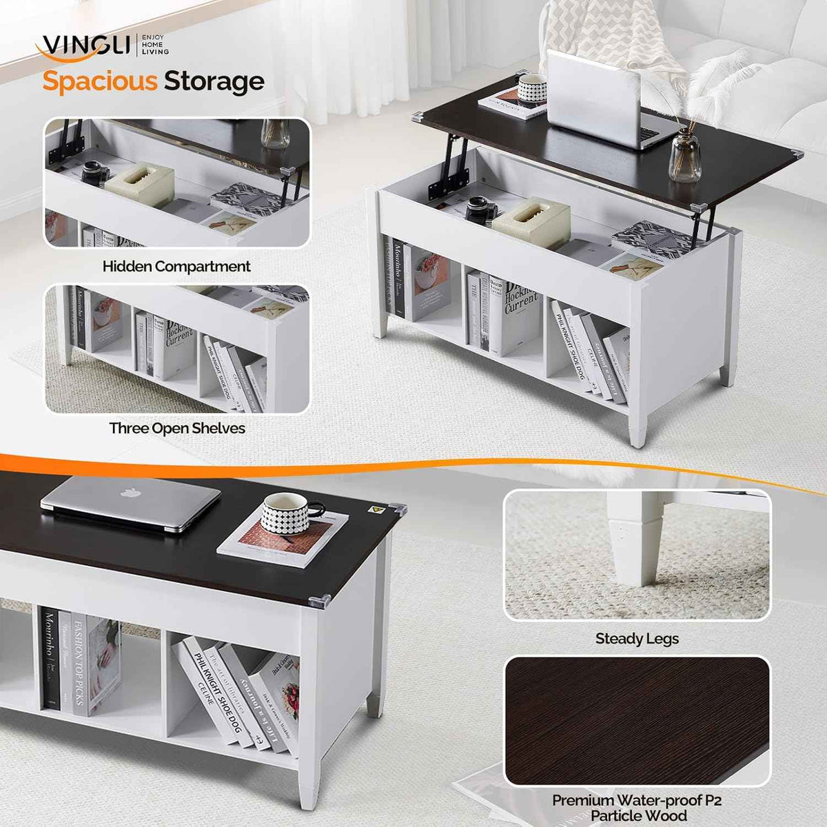 VINGLI 39" Lift Top Coffee Table, White & Dark Brown