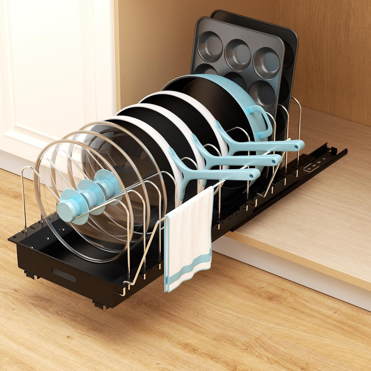 Pots and Pans Organizer Under Cabinet - 22" Deep Expandable | Pot Organizers inside Cabinet with 10 Adjustable Dividers & Handrail, No Drill Pot Lid Holder, Sliding Pot Lid Holder, 1 Pack - Field & Nook