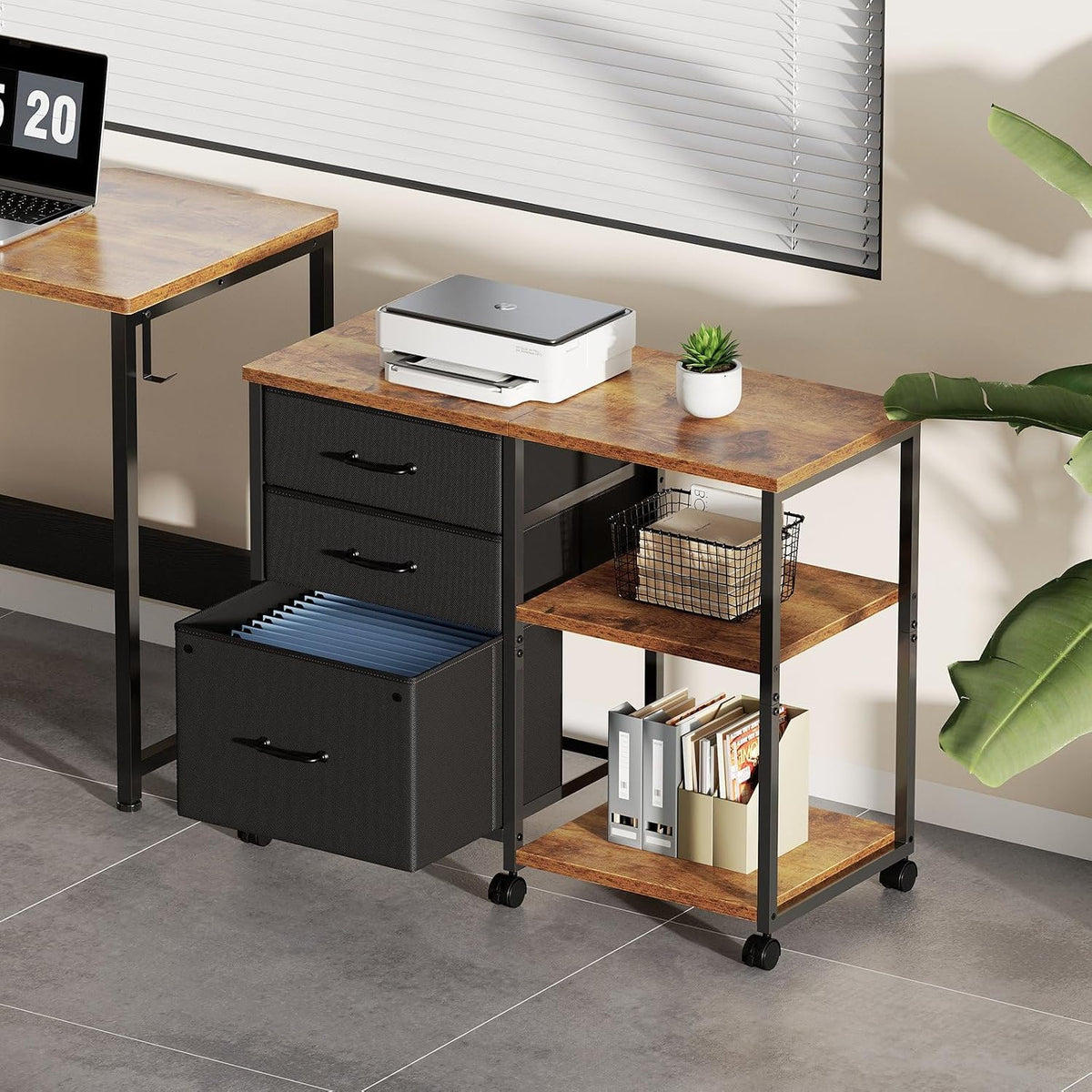 3 Drawer File Cabinet with Wheels Rolling Printer Stand with Open Storage Shelf Fabric Lateral Filing Cabinet for Home Office,Rustic Brown - Field & Nook