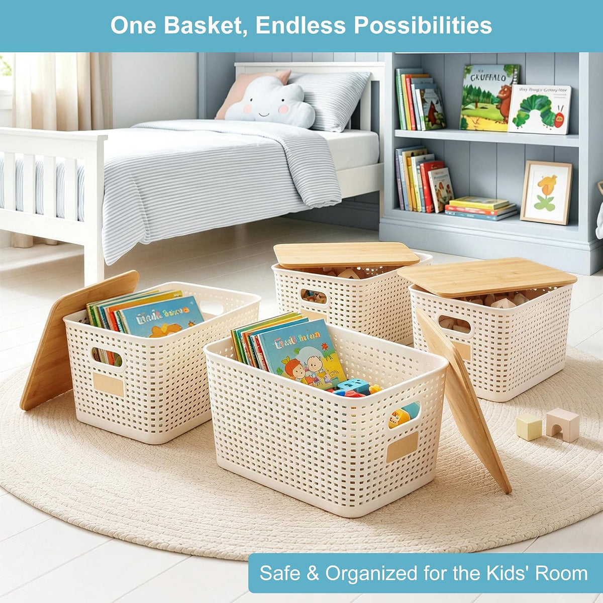 2 Pack Tall Plastic Storage Bins with Bamboo Lids, 10.8qt Stackable Storages Baskets for Organizing Desktop Closet Playroom Classroom Office, 12"L x 8.3"W x 6.1"H, Cream White - Field & Nook