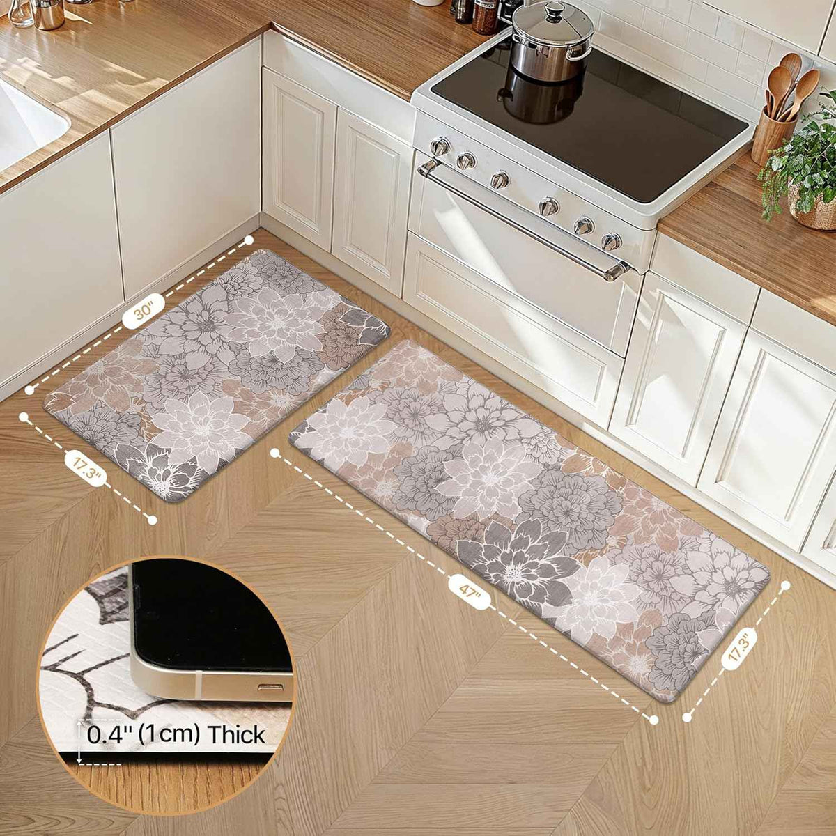 GENIMO Anti Fatigue Kitchen Mats for Floor 2PCS, Cushioned Standing Mats | 17.3"x47"&17.3"x30", Taupe Grey vintage floral rug set, waterproof, non slip, easy-clean for farmhouse