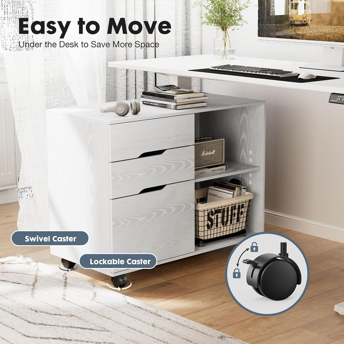 DUMOS File Cabinet with 3 Drawers, Wood Under Desk Storage Printer Stand | Rolling Lateral Filing Cabinet with Adjustable Shelves for Home Office Study Organizatiom, Classic White - Field & Nook