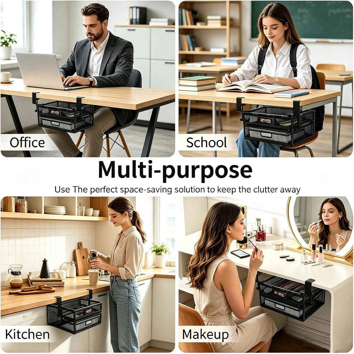 Under Desk Drawer Organizer No Drill Metal Under Desk Storage Drawer Container 2 Slide Out Cabinet Drawer Suitable for Home And Office (Medium)