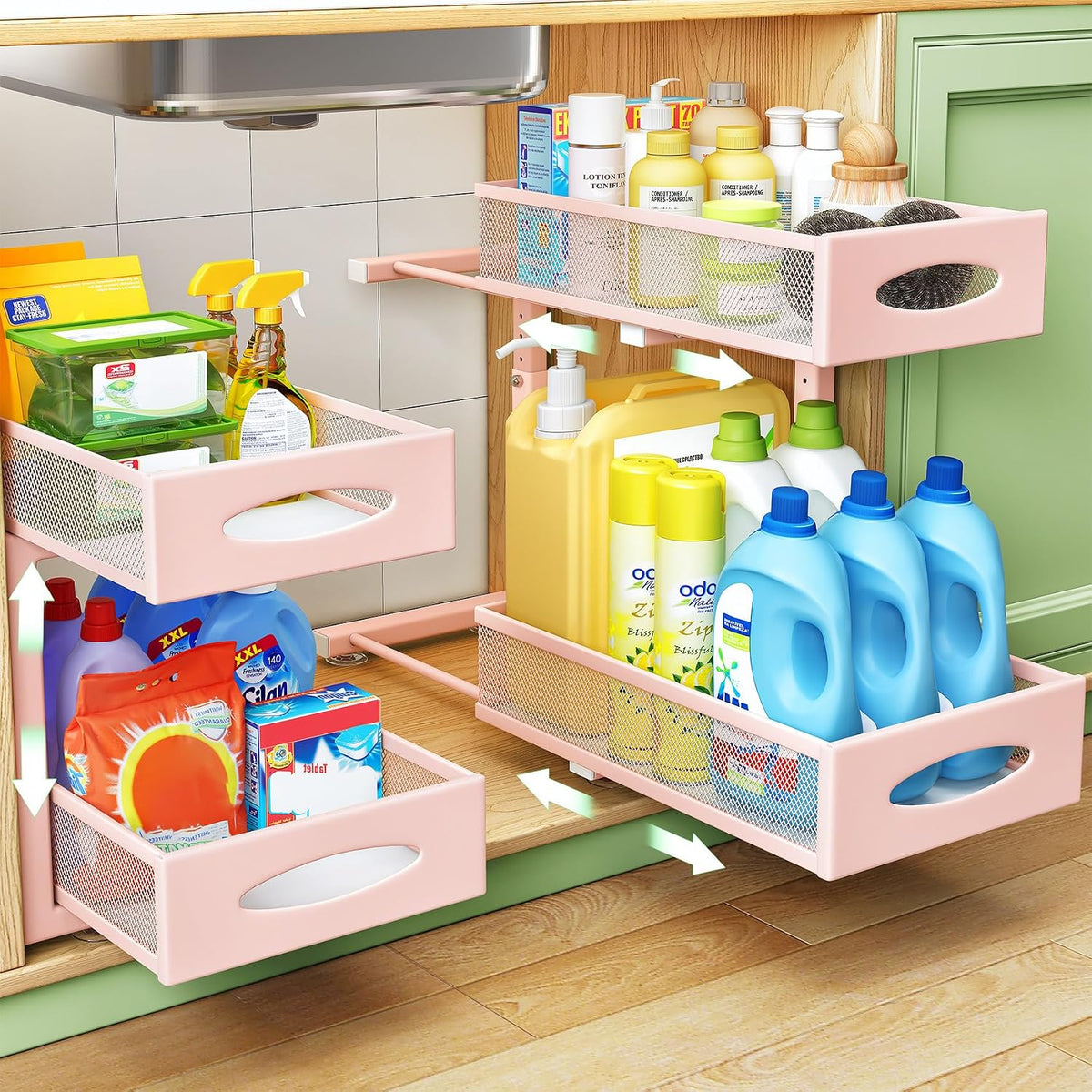 Under Sink Organizer, 2 Tier Pull out Cabinet Organizer Baskets with Mesh Sliding Drawers, Slide out Storage Shelf for Home, Kitchen, Bathroom, Pantry, Office Cabinet(1 Pack, Pink) - Field & Nook