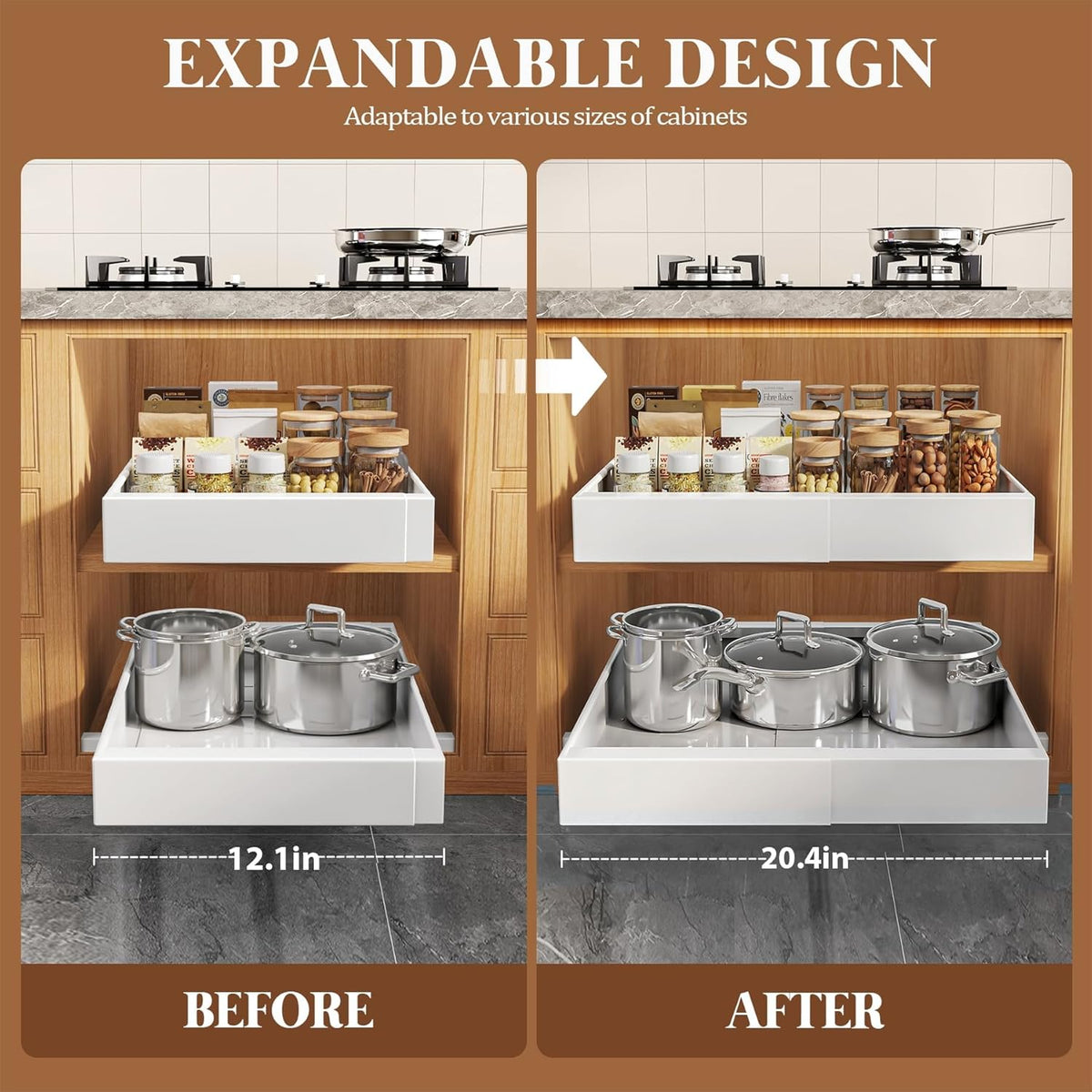 Seinloes 4 Pack Expandable Pull Out Cabinet Organizer 21"Deep With Raising Pad for Framed Cabinets,Upgrade 3 Slide Rails Slide Out Drawers,No Drill Roll Out Shelves,Adjustable Width 12.1"-20.4" White - Field & Nook
