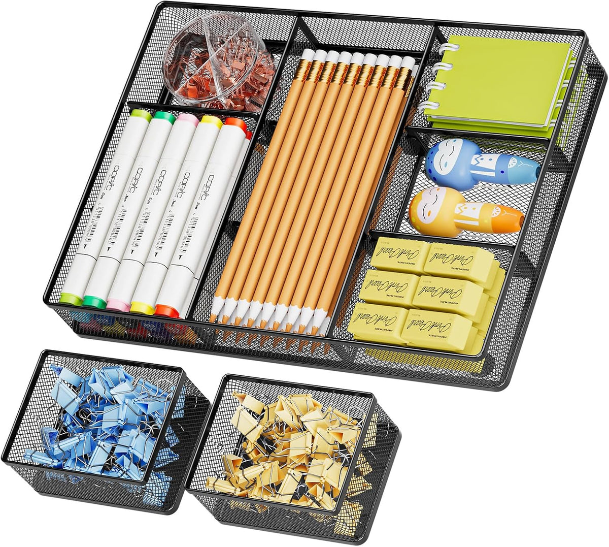 Marbrasse 3 Packs Desk Drawer Organizers, Metal Mesh Dividers Desk Drawer Organizer Tray with 9 Adjustable Compartments, Pen Organizer for Drawer Tray Box Accessories for Desktop,Kitchen, Makeup | Anti-Slip Storage Tray, 9 Adjustable Compartments, Pen ... - Field & Nook