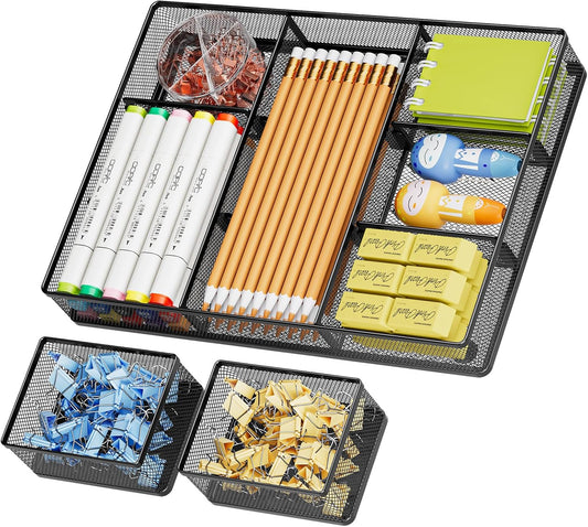 Marbrasse 3 Packs Desk Drawer Organizers, Metal Mesh Dividers Desk Drawer Organizer Tray with 9 Adjustable Compartments, Pen Organizer for Drawer Tray Box Accessories for Desktop,Kitchen, Makeup | Anti-Slip Storage Tray, 9 Adjustable Compartments, Pen ... - Field & Nook