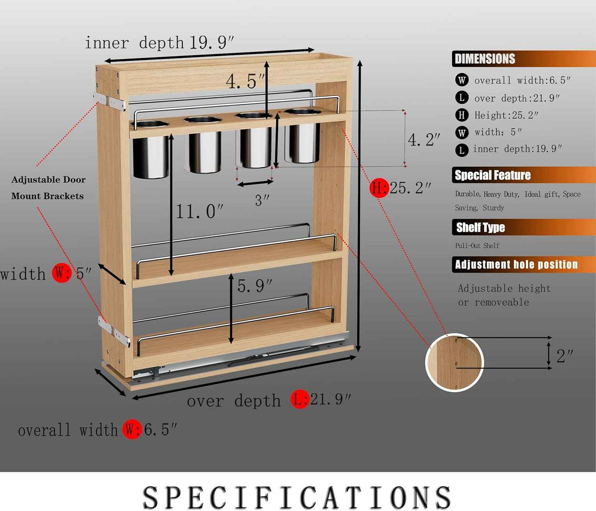 DINDON Pull-Out Spice Rack Organizer, 5" W x 21.9" D