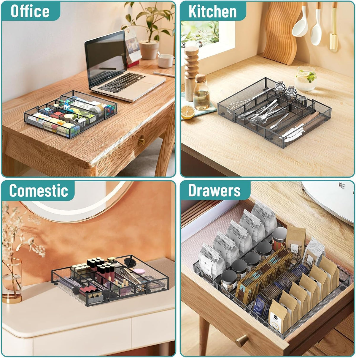 Expandable Desk Drawer Organizer, 10 Adjustable Compartments, Black | Metal mesh drawer organizer tray with 5 removable dividers, expands from 8.74 to 16 in for office supplies, makeup or tools - Field & Nook