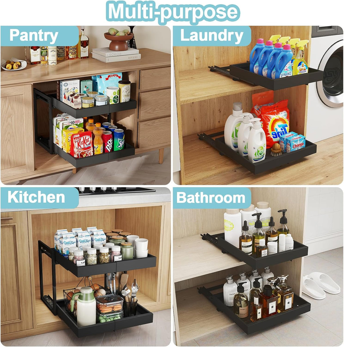 2-Tier Expandable Pull Out Cabinet Organizer, 16"D, Black