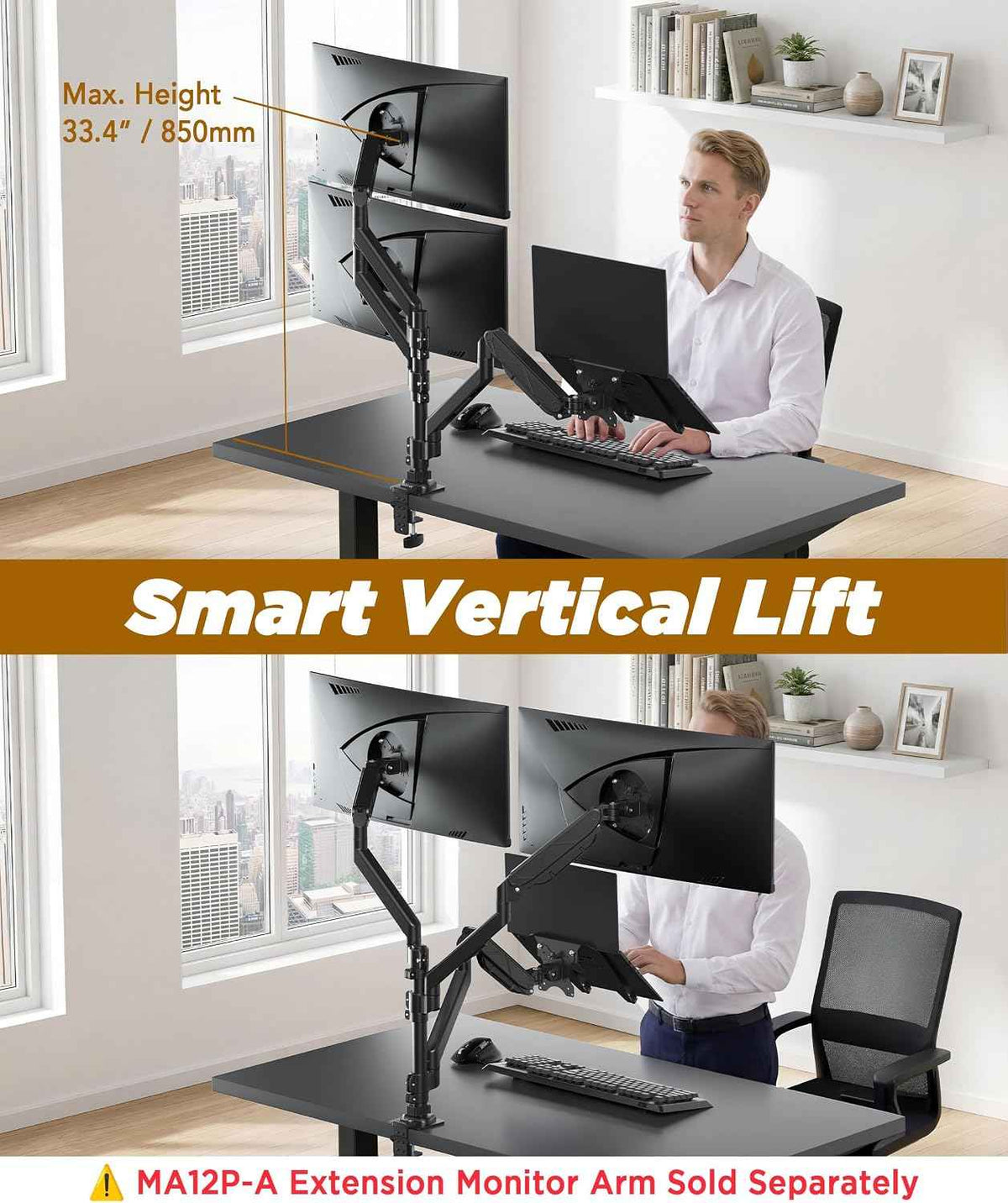 ULTRARM Extra-Tall Heavy-Duty Monitor Arm Mount for 40" Ultrawide Monitors | 33.4" Max Height, 26.4 lb VESA Capacity, C-Clamp & Grommet Mount, Height Adjustable, Long-Reach Ergonomic Arm, Black, MA12P-S