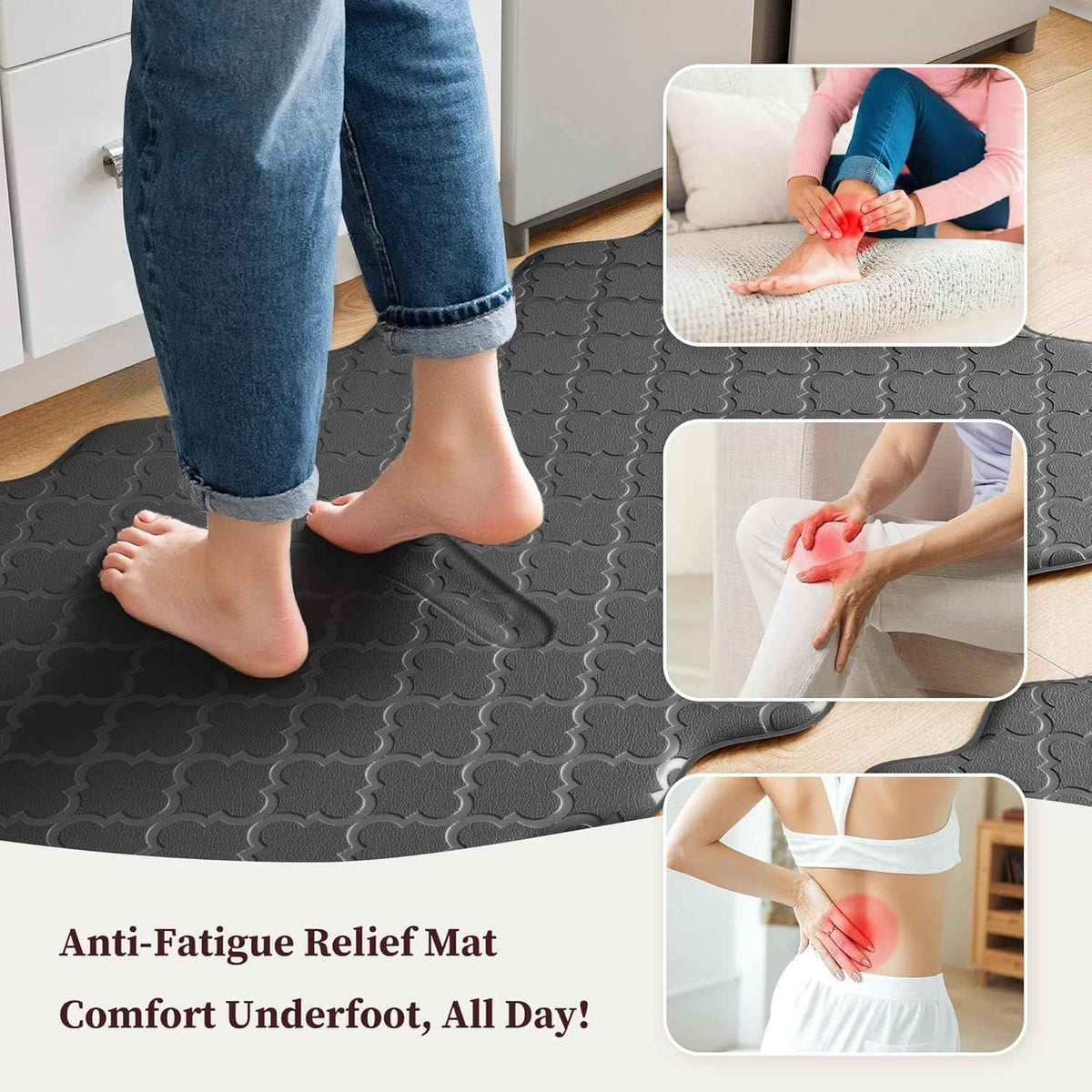 Arenarug Upgrade Scalloped Embossed Kitchen Mats for Floor 2PCS Cushioned Anti Fatigue Waterproof Foam Kitchen Rugs Non Slip Washable Comfort Standing Mat for Sink Laundry, 17.3"x30"+17.3"x59", Black