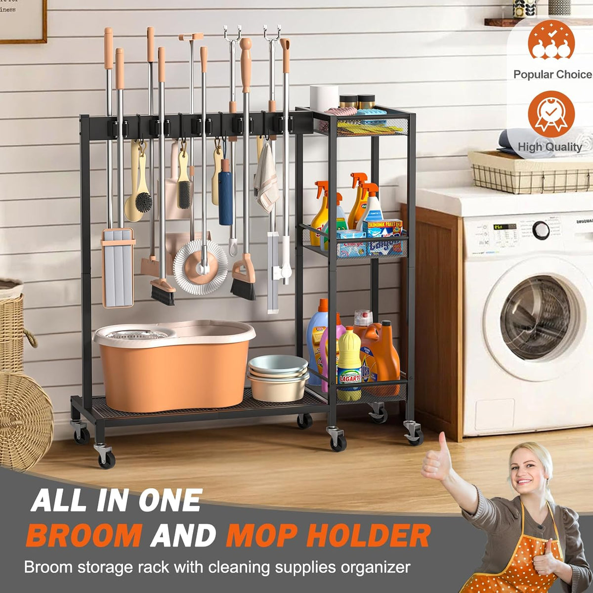 Broom Holder with Cleaning Supplies Organizer – Janitorial Housekeeping cart - Field & Nook