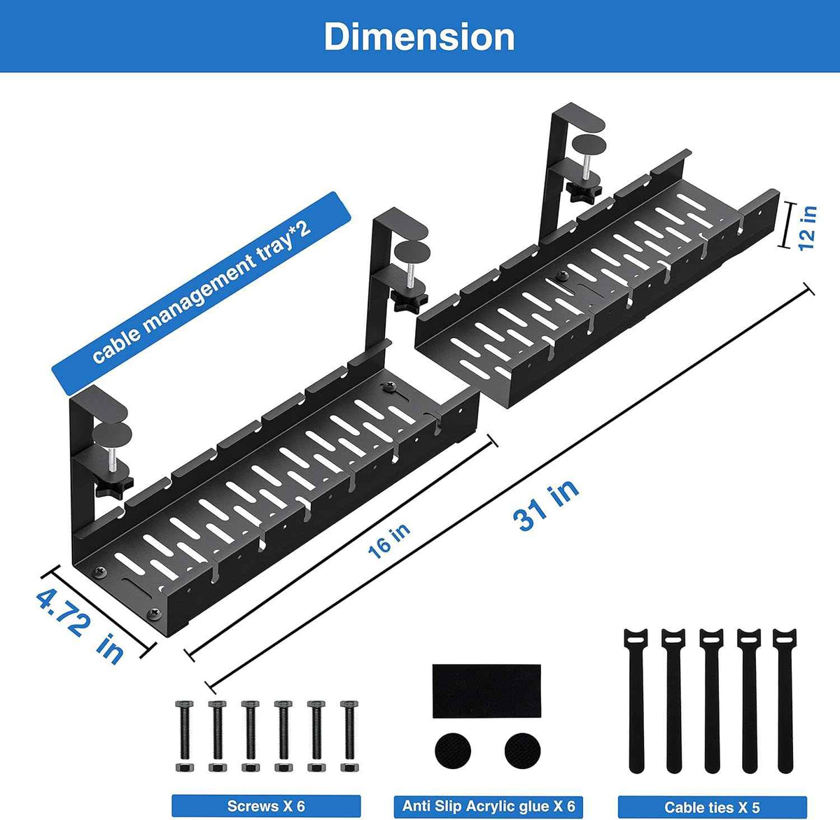 31-Inch Extendable Under-Desk Cable Tray – No-Drill Clamp-On Metal Cord Organizer, Black