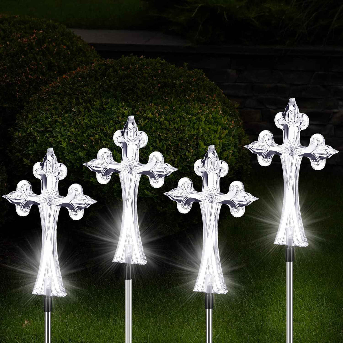 Riakrum 4 Piece Solar Cross for Cemetery Grave Grave Crosses for Cemetery Memorial Stake Solar Lights Waterproof Outdoor Garden Stake Cemetery Cross for Grave Yard Decorations, 16 Inches Long
