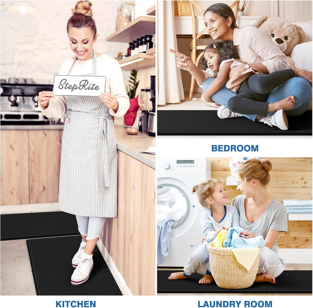 StepRite Kitchen Mats for Floor, 2-Piece Anti-Fatigue Kitchen Rugs, Black | 17.3" x 30" + 17.3" x 47", cushioned comfort, water-resistant, easy to clean, non-slip bottom, kitchen floor, standing desk