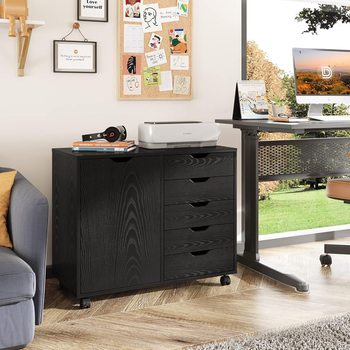 5-Drawer Wood Drawer Cabinet, Office Storage Cabinet with Adjustable Shelf & Wheels, Printer Stand for Home Office, Black, 15.7" D x 30.7" W x 25.4" H - Field & Nook