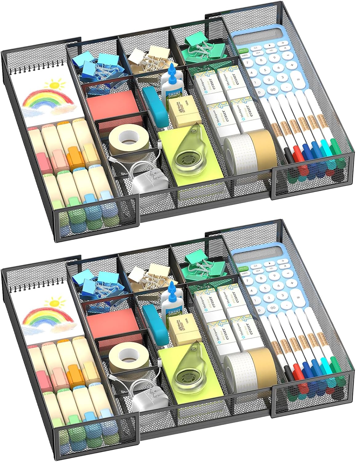 2 Pack Expandable Desk Drawer Organizer, 10 Compartments, Black | Metal mesh drawer organizer tray with 5 removable dividers, expands from 8.74 to 16 in for office supplies, makeup or tools - Field & Nook