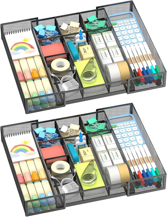 2 Pack Expandable Desk Drawer Organizer, 10 Compartments, Black | Metal mesh drawer organizer tray with 5 removable dividers, expands from 8.74 to 16 in for office supplies, makeup or tools - Field & Nook